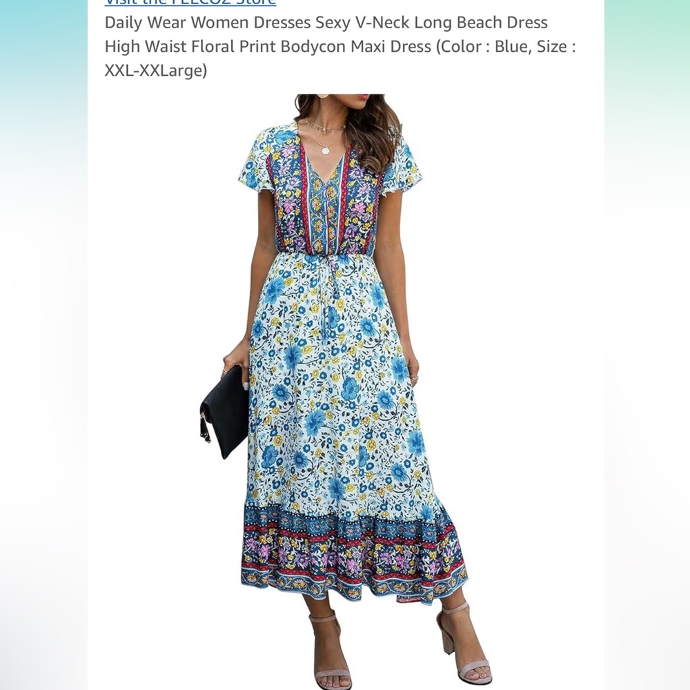 Amazon Temopon Floral V-Neck Maxi Dress - Blue size medium